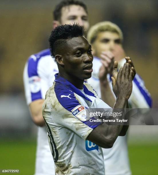 Christian Atsu of Newcastle United claps the fans after Newcastle win the Sky Bet Championship match between Wolverhampton Wanderers and Newcastle...