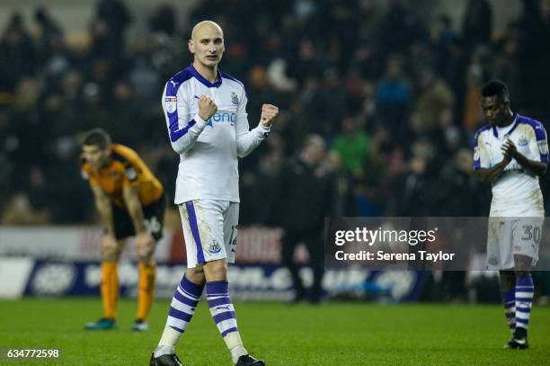 Jonjo Shelvey of Newcastle United celebrates to fans after Newcastle win the Sky Bet Championship match between Wolverhampton Wanderers and Newcastle...