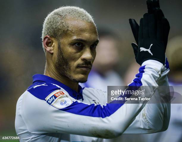 Yoan Gouffran of Newcastle United claps the fans after Newcastle win the Sky Bet Championship match between Wolverhampton Wanderers and Newcastle...