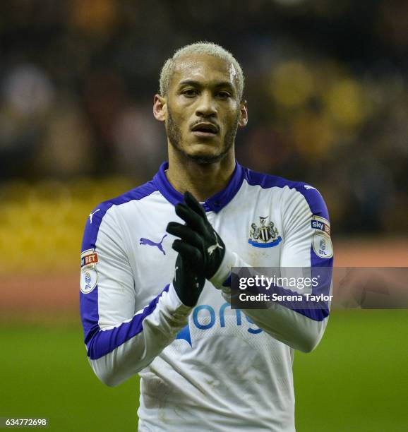 Yoan Gouffran of Newcastle United claps the fans after Newcastle win the Sky Bet Championship match between Wolverhampton Wanderers and Newcastle...