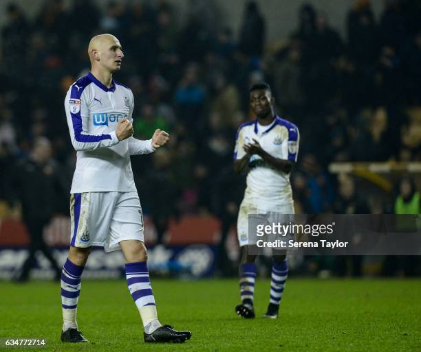 Jonjo Shelvey of Newcastle United celebrates to fans after Newcastle win the Sky Bet Championship match between Wolverhampton Wanderers and Newcastle...