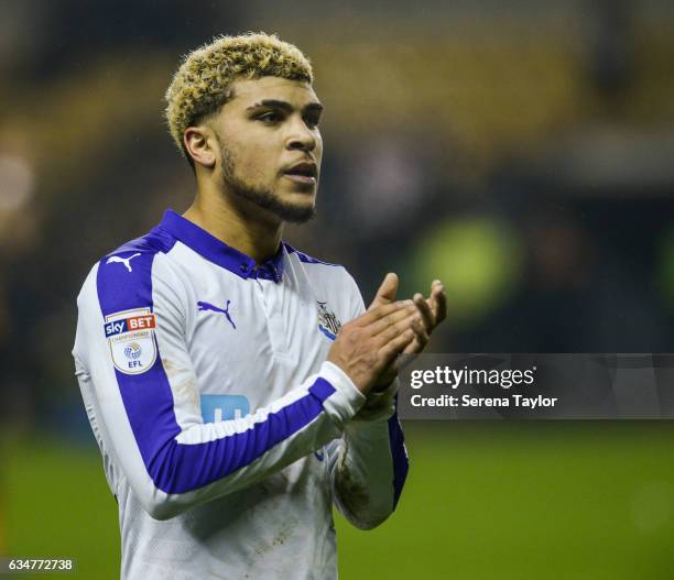 DeAndre Yedlin of Newcastle United claps the fans after Newcastle win the Sky Bet Championship match between Wolverhampton Wanderers and Newcastle...