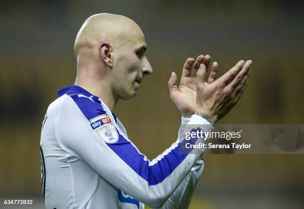 Jonjo Shelvey of Newcastle United claps the fans after Newcastle win the Sky Bet Championship match between Wolverhampton Wanderers and Newcastle...