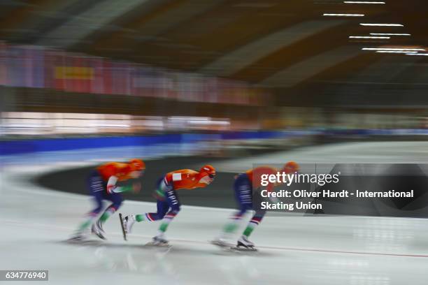 Joy Beune, Jutta Leerdam and Sanne In T Hof of Netherlands competes in the Team Pursuit Ladies Jun race during the ISU Junior World Cup Speed Skating...