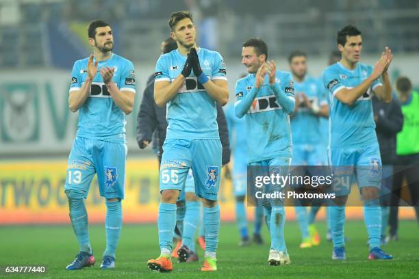 Stefan Mitrovic defender of KAA Gent, Rami Gershon defender of KAA Gent, Danijel Milicevic midfielder of KAA Gent and Jeremy Perbet forward of KAA...