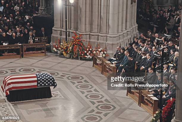 View of the Washington National Cathedral during the funeral service for former President of the United States, Dwight D Eisenhower with the coffin...