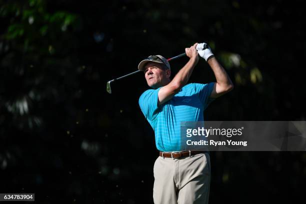 Scott Dunlap tees off on the 16th hole during the second round of the PGA TOUR Champions Allianz Championship at The Old Course at Broken Sound on...