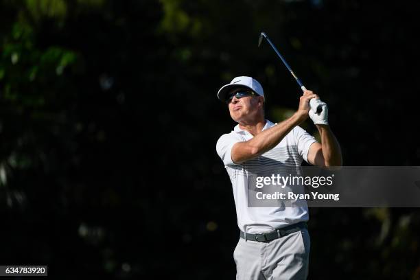 Bob Tway tees off on the 16th hole during the second round of the PGA TOUR Champions Allianz Championship at The Old Course at Broken Sound on...