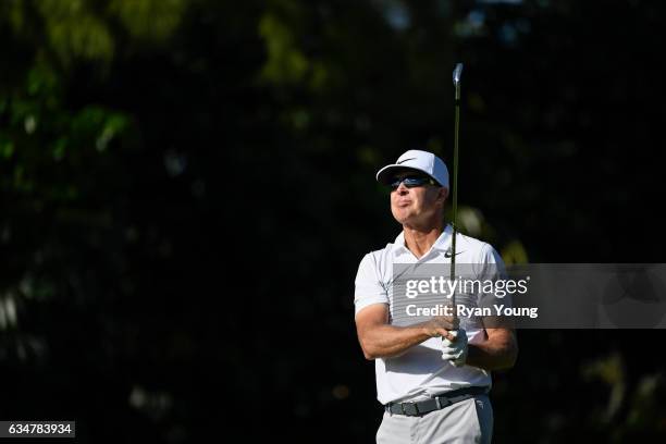 Bob Tway tees off on the 16th hole during the second round of the PGA TOUR Champions Allianz Championship at The Old Course at Broken Sound on...