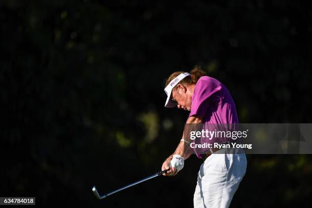 Miguel Angel Jimenez tees off on the 16th hole during the second round of the PGA TOUR Champions Allianz Championship at The Old Course at Broken...