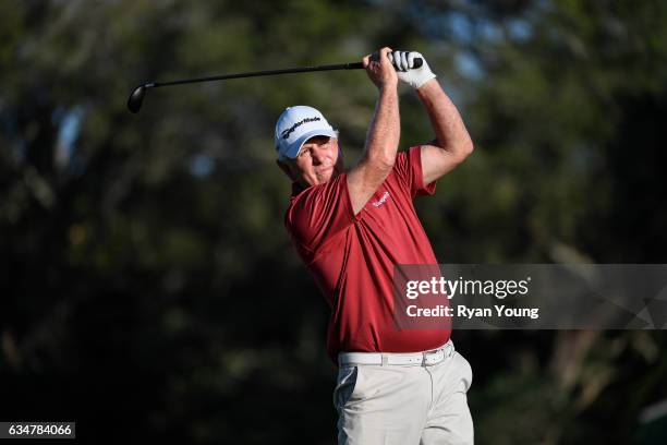 Hale Irwin plays his second shot on the 18th hole during the second round of the PGA TOUR Champions Allianz Championship at The Old Course at Broken...