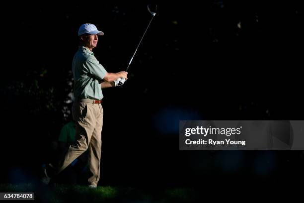 David Toms tees off on the 18th hole during the second round of the PGA TOUR Champions Allianz Championship at The Old Course at Broken Sound on...