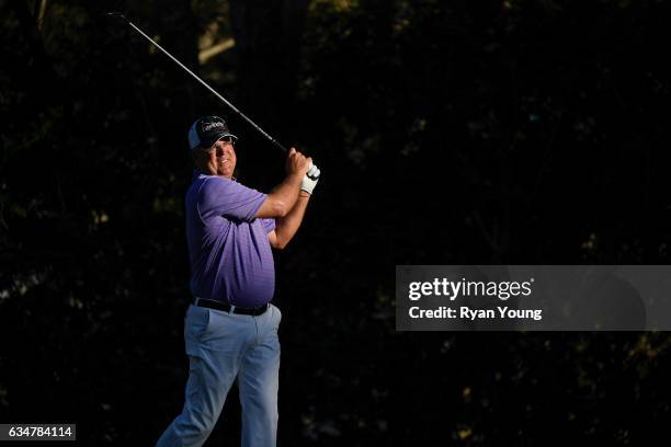 Kenny Perry tees off on the 18th hole during the second round of the PGA TOUR Champions Allianz Championship at The Old Course at Broken Sound on...