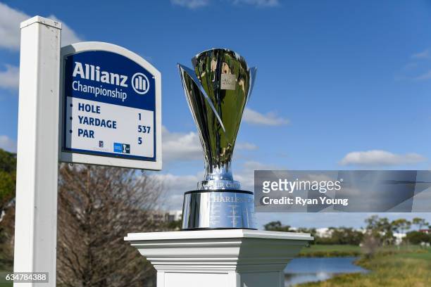 The Charles Schwab Cup sits on display on the first tee during the second round of the PGA TOUR Champions Allianz Championship at The Old Course at...