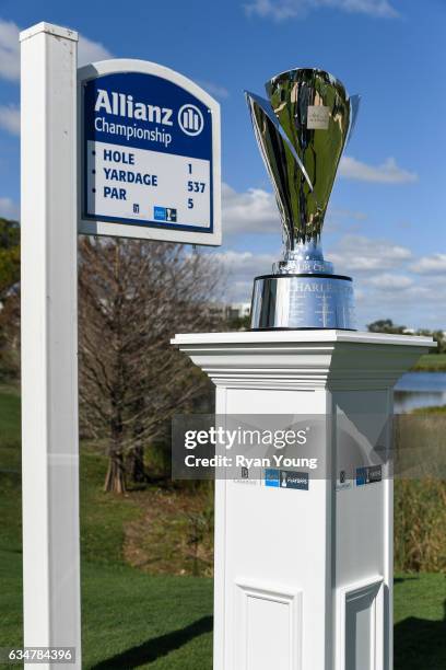 The Charles Schwab Cup sits on display on the first tee during the second round of the PGA TOUR Champions Allianz Championship at The Old Course at...