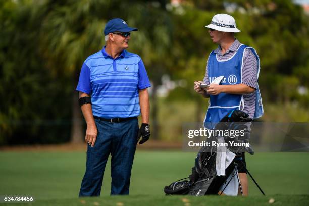 Sandy Lyle discusses his next shot with his caddy on the 11th hole during the second round of the PGA TOUR Champions Allianz Championship at The Old...