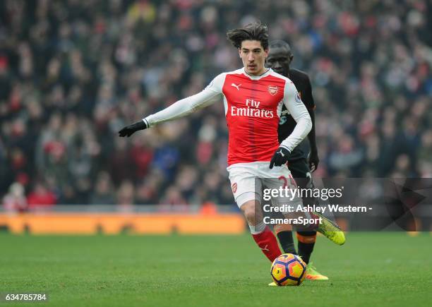 Arsenal's Hector Bellerin in action during the Premier League match between Arsenal and Hull City at Emirates Stadium on February 11, 2017 in London,...