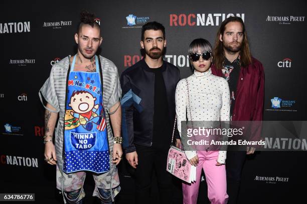 Musicians Cole Whittle, Joe Jonas, JinJoo Lee and Jack Lawless of the band DNCE arrive at Roc Nation's Pre-GRAMMY Brunch on February 11, 2017 in Los...