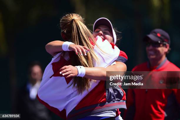 Bianca Andreescu and Charlotte Robillard-Millete of Canada, celebrate after the Fed Cup 2017 Americas Zone Group I, during the final day of the...