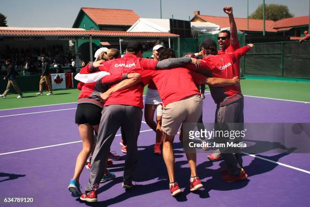 Members of the Canada National team, celebrate after winning the Fed Cup 2017 Americas Zone Group I, during the final day of the Tennis Fed Cup,...