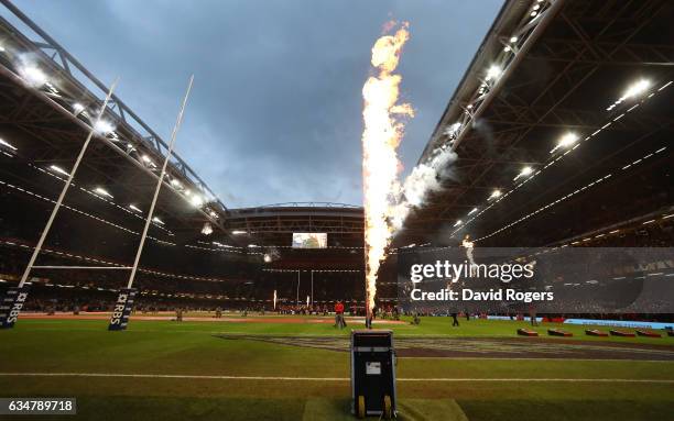 Pyrotechnics prior to kickoff during the RBS Six Nations match between Wales and England at the Principality Stadium on February 11, 2017 in Cardiff,...