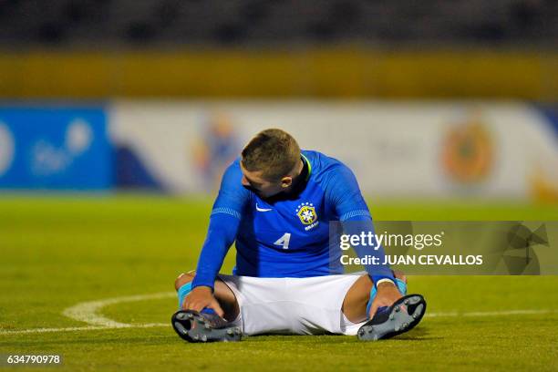 Brazil's player Lyanco reacts at the end of their South American Championship U-20 football match against Colombia at the Olimpico Atahualpa stadium...