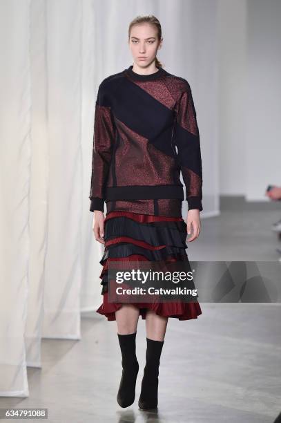 Model walks the runway at the CG by Chris Gelinas Autumn Winter 2017 fashion show during New York Fashion Week on February 11, 2017 in New York,...