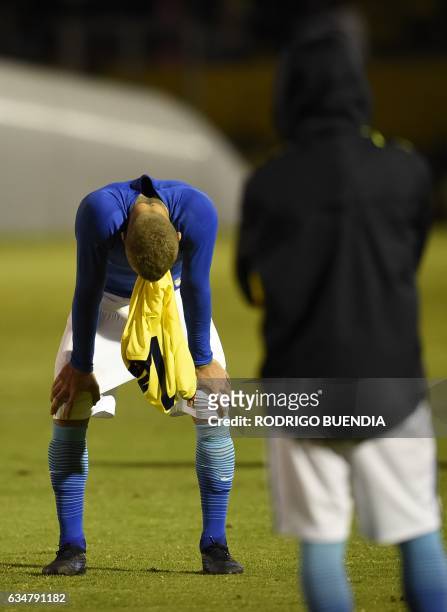 Brazilian player Lyanco reacts at the end of their South American Championship U-20 football match against Colombia at the Olimpico Atahualpa stadium...
