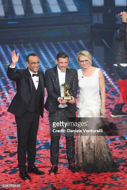 Carlo Conti, Francesco Gabbani and Maria De Filippi attend the closing night of 67th Sanremo Festival 2017 at Teatro Ariston on February 11, 2017 in...