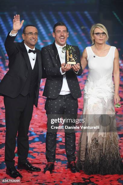 Carlo Conti, Francesco Gabbani and Maria De Filippi attend the closing night of 67th Sanremo Festival 2017 at Teatro Ariston on February 11, 2017 in...