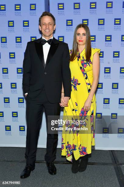 Honoree Seth Meyers and Alexi Ashe attend the 2017 Human Rights Campaign Greater New York Gala at Waldorf Astoria Hotel on February 11, 2017 in New...