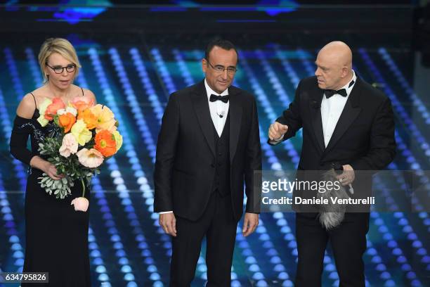 Carlo Conti, Maria De Filippi and Maurizio Crozza attend the closing night of 67th Sanremo Festival 2017 at Teatro Ariston on February 11, 2017 in...