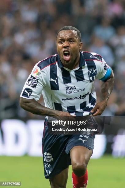 Dorlan Pabon of Monterrey celebrates after scoring his team's first goal during the 6th round match between Monterrey and Pumas UNAM as part of the...