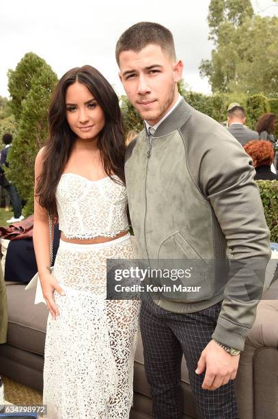 Demi Lovato and Nick Jonas attend 2017 Roc Nation Pre-GRAMMY brunch at Owlwood Estate on February 11, 2017 in Los Angeles, California.