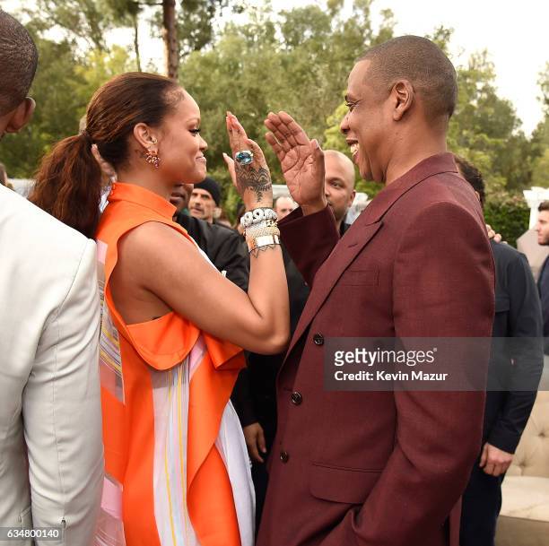 Rihanna and Jay Z attend 2017 Roc Nation Pre-GRAMMY brunch at Owlwood Estate on February 11, 2017 in Los Angeles, California.