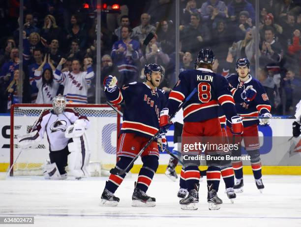 The New York Rangers celebrate a third period goal by Kevin Klein against Calvin Pickard of the Colorado Avalanche at Madison Square Garden on...