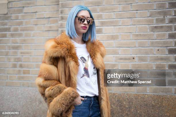 Alexa Escobar is seen attending Creatures of the Wind during New York Fashion Week wearing a fur coat with ripped jeans on February 11, 2017 in New...