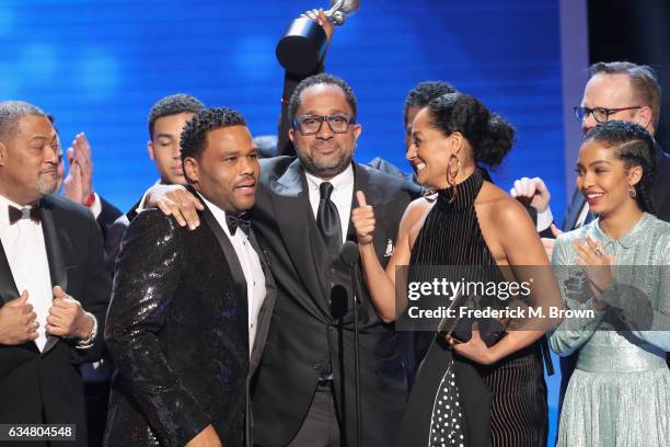 Co-recipients Laurence Fishburne, Anthony Anderson, Kenya Barris, Tracee Ellis Ross, and Yara Shahidi accept award for Outstanding Comedy Series...