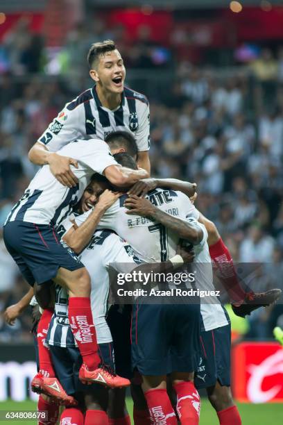 Dorlan Pabon of Monterrey celebrates with teammates after scoring his team's second goal during the 6th round match between Monterrey and Pumas UNAM...
