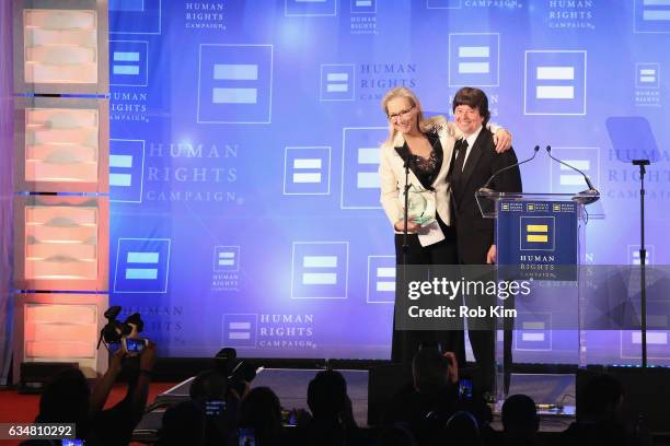 Honoree Meryl Streep and Filmmaker Ken Burns speak onstage during the 2017 Human Rights Campaign Greater New York Gala at Waldorf Astoria Hotel on...