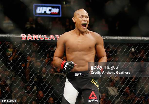 Ronaldo Souza of Brazil reacts as he prepares to take on Tim Boetsch of United States in their middleweight bout during UFC 208 at the Barclays...
