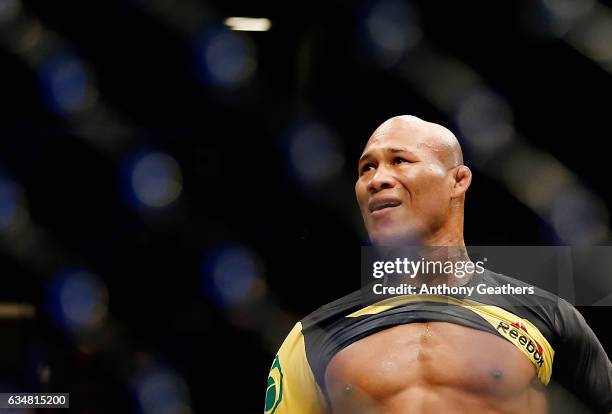 Ronaldo Souza of Brazil celebrates winning by submission in the first round against Tim Boetsch of United States in their middleweight bout during...