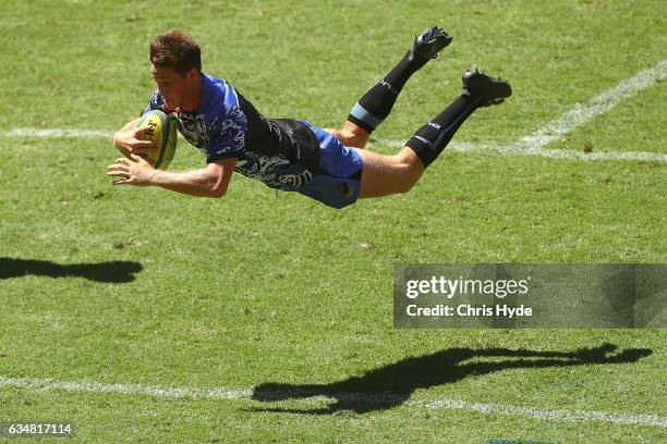 Alex Newsome of the Force scores a try during the Rugby Global Tens match between Force and Bulls at Suncorp Stadium on February 12, 2017 in...