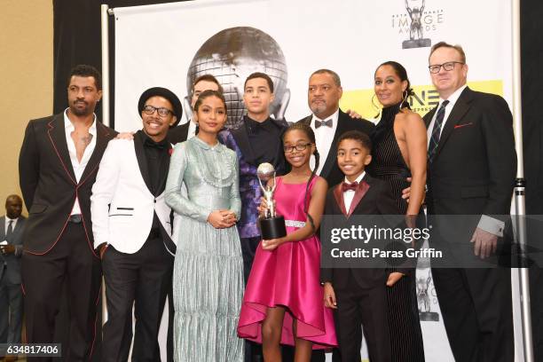 The cast of Black-ish poses in the press room at the 48th NAACP Image Awards at Pasadena Civic Auditorium on February 11, 2017 in Pasadena,...