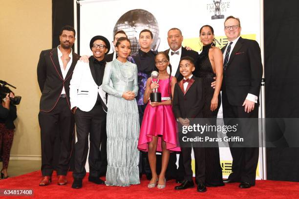 The cast of Black-ish poses in the press room at the 48th NAACP Image Awards at Pasadena Civic Auditorium on February 11, 2017 in Pasadena,...
