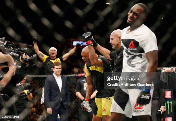 Anderson Silva of Brazil reacts after his win by unanimous decision against Derek Brunson of United States in their middleweight bout during UFC 208...