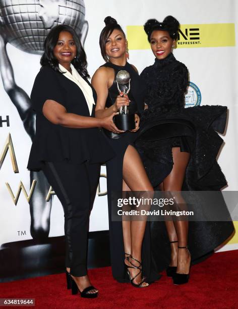 Actresses Octavia Spencer, Taraji P. Henson and Janelle Monae pose in the press room at the 48th NAACP Image Awards at the Pasadena Civic Auditorium...