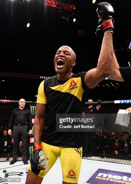 Anderson Silva of Brazil celebrates his victory over Derek Brunson in their middleweight bout during the UFC 208 event inside Barclays Center on...