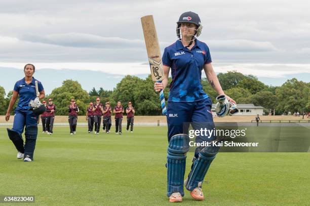 Katie Perkins of the Hearts walks from the ground at the lunch break with 100 not out during the Women's One Day Final match between Canterbury...