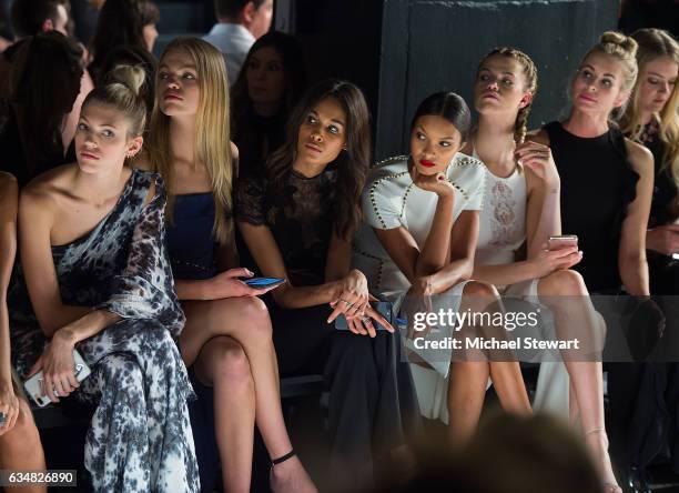 Models Devon Windsor, Daphne Groeneveld, Cindy Bruna, Lais Ribeiro, Hailey Clauson and Niki Taylor attend the Jonathan Simkhai fashion show during...